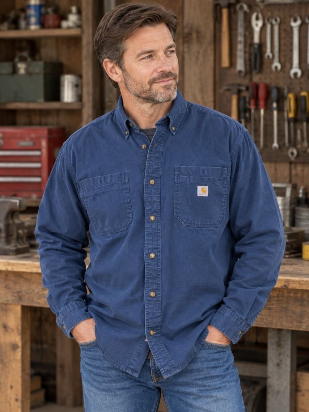 Carhartt Rugged Flex Mens Navy Blue Long Sleeve Button-Up Shirt Size 3XL